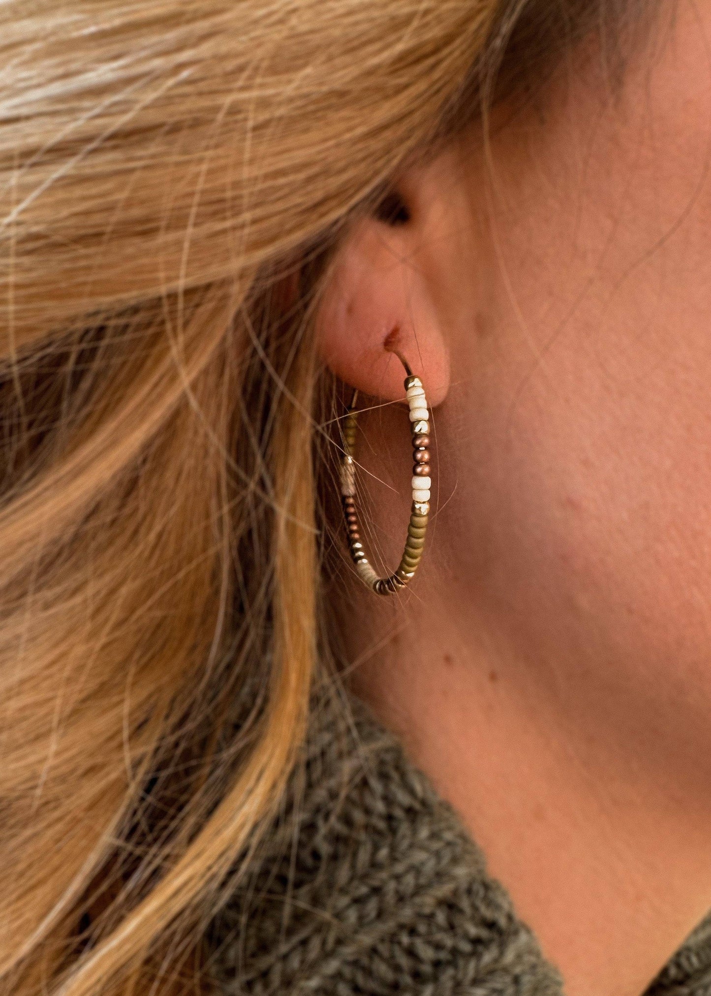 Gold and Teal Beaded Hoop Earrings