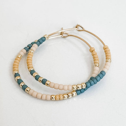 Gold and Teal Beaded Hoop Earrings