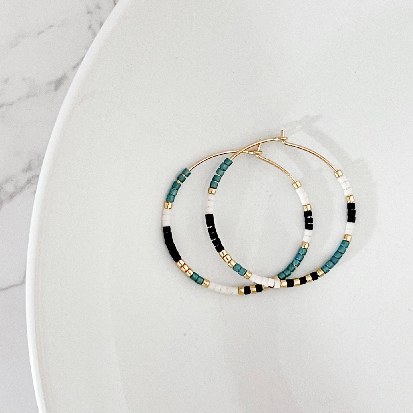 Navy, Teal and Gold Beaded Hoop Earrings