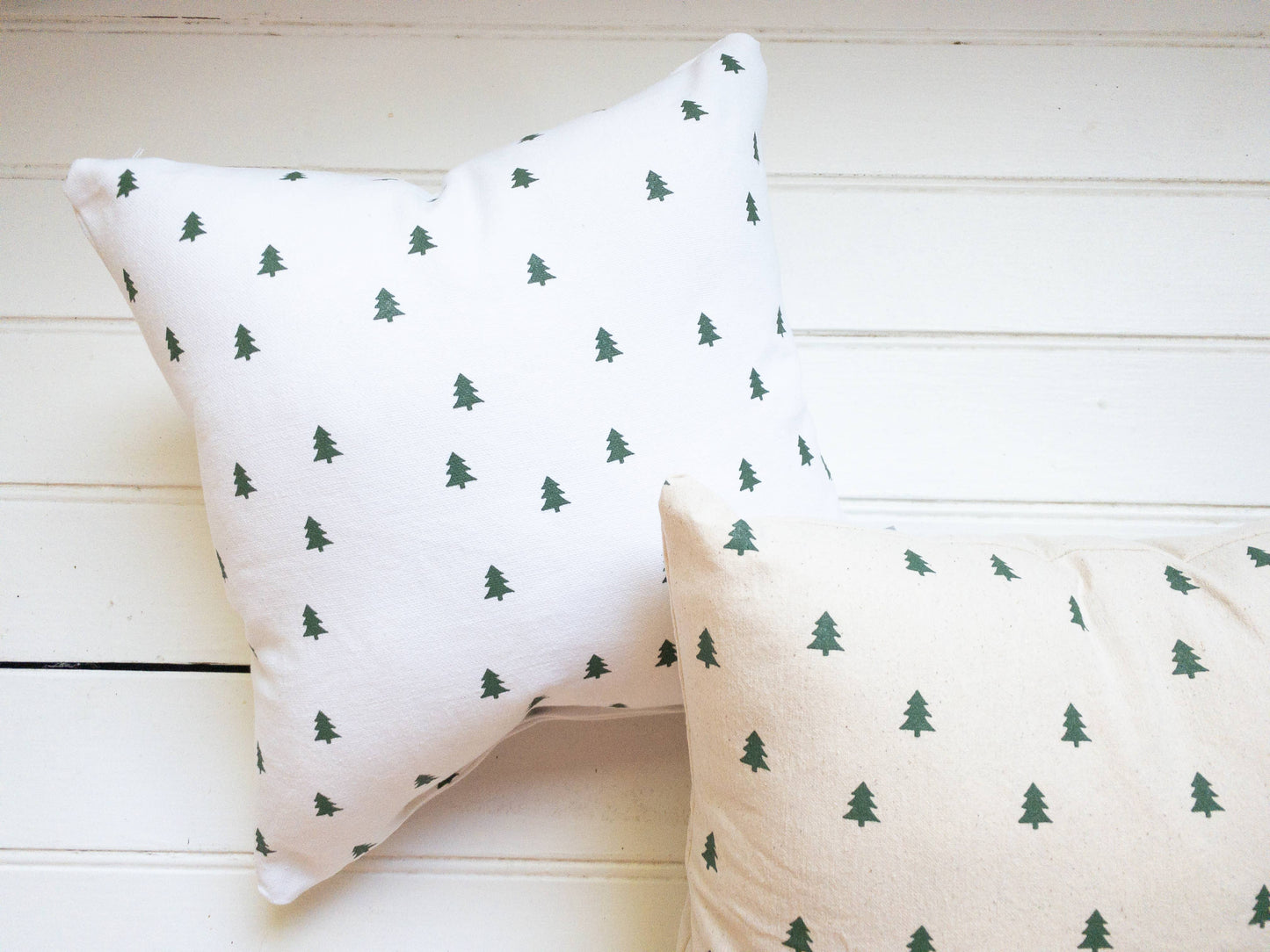 Handcrafted White Canvas Pine Trees Pillow