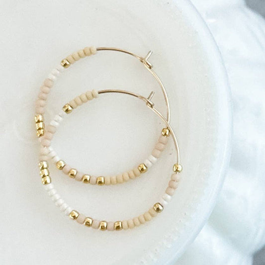 Ivory and Gold Beaded Hoop Earrings