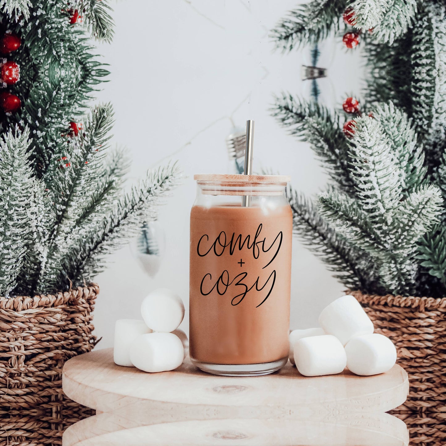 Comfy+Cozy Glass Mug with Bamboo Lid