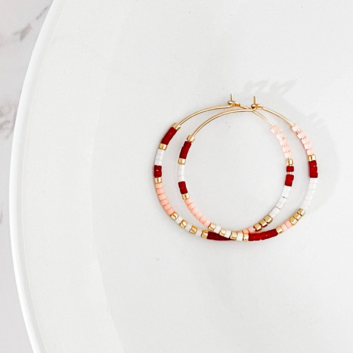 Pink, Red and Gold Beaded Hoop Earrings