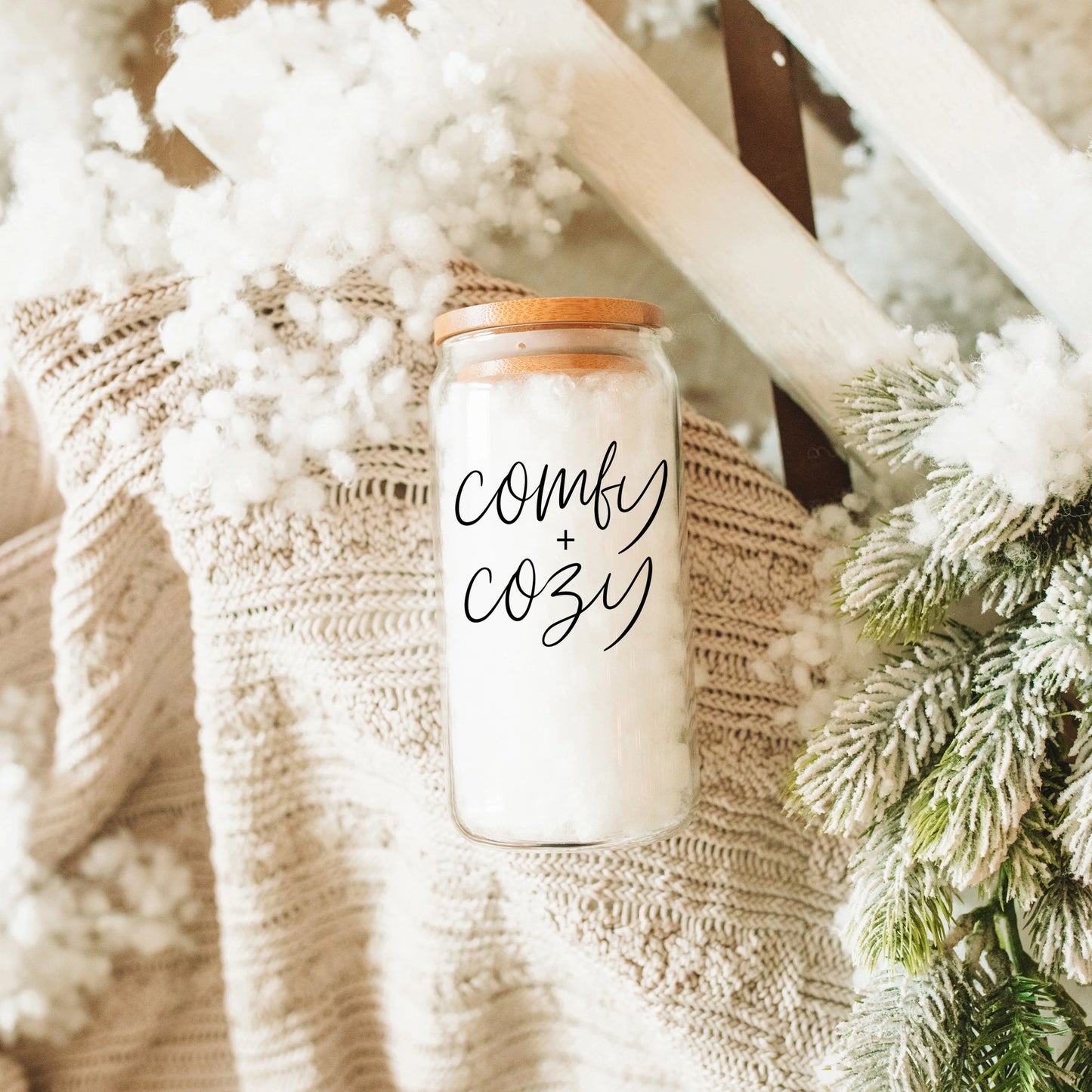 Comfy+Cozy Glass Mug with Bamboo Lid