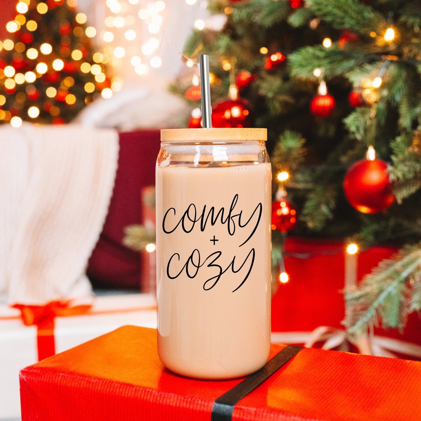 Comfy+Cozy Glass Mug with Bamboo Lid