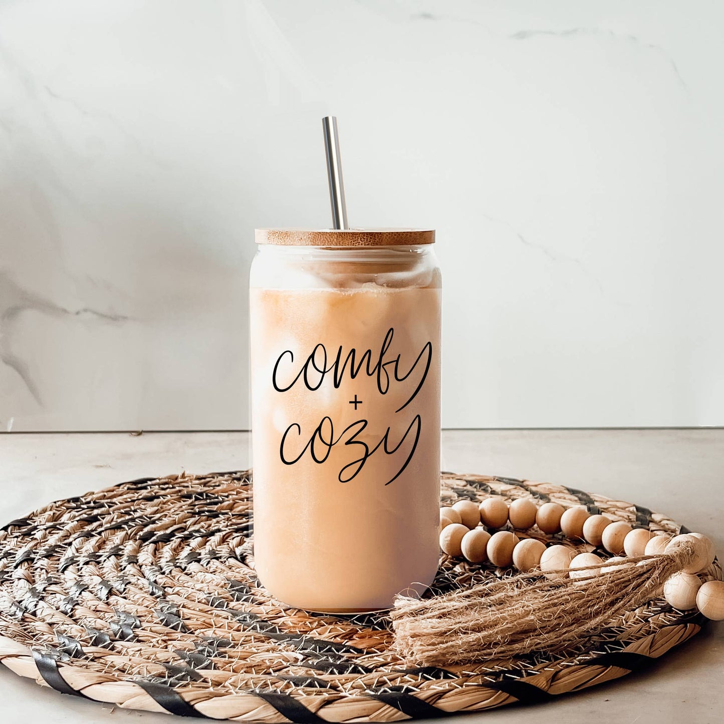 Comfy+Cozy Glass Mug with Bamboo Lid